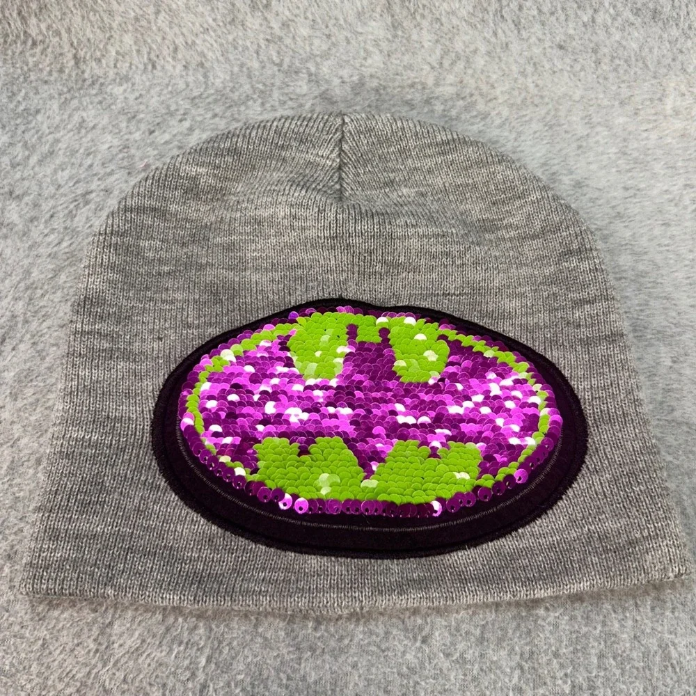 Batman Reversible Sequin Logo Kids Gray Batman Beanie Knit Hat OS 1470